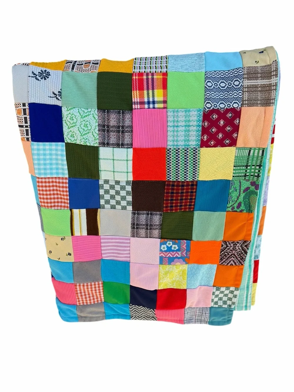 Vintage Double Knit Polyester Patchwork Scrap Quilt Bright Colorful Signed 46x81